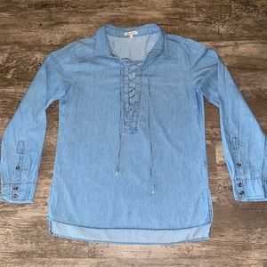 Denim deep V lace up top